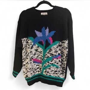 VINTAGE 80s Here’s A Hug Floral Patterned Black Sweater